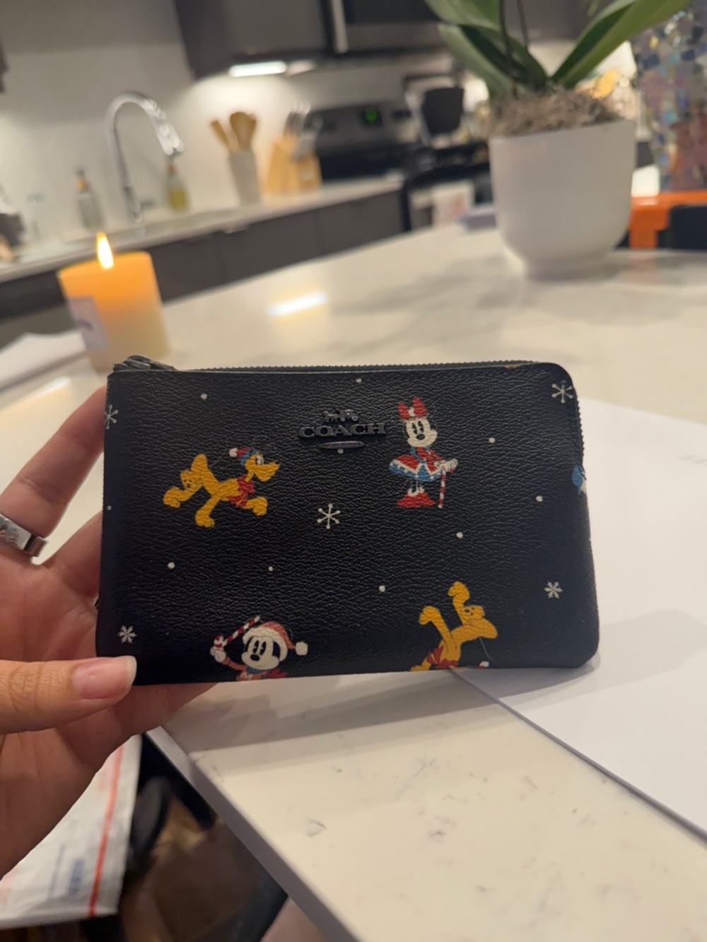 Coach Black Leather Zip Pouch with Mickey, Minnie and Pluto Print